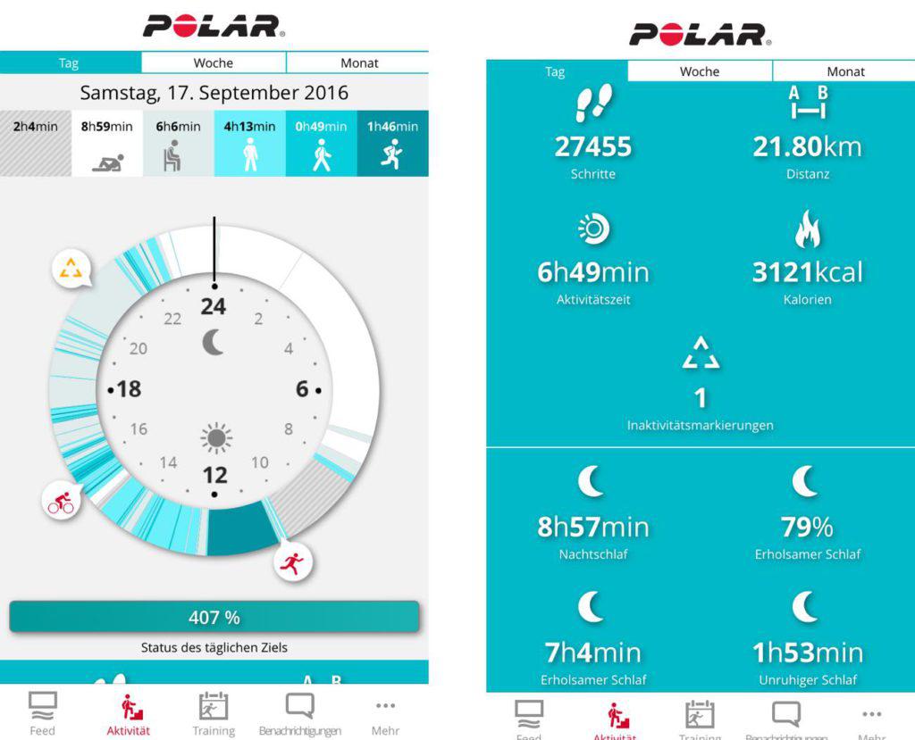 Polar V800 App Aktivitäten am Tag