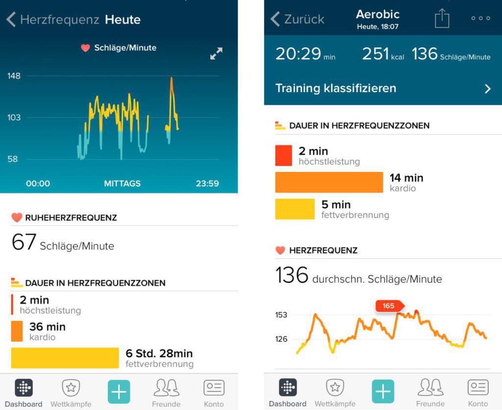 Fitbit Surge App Herfrequenz und Aerobic Workout Auswertung