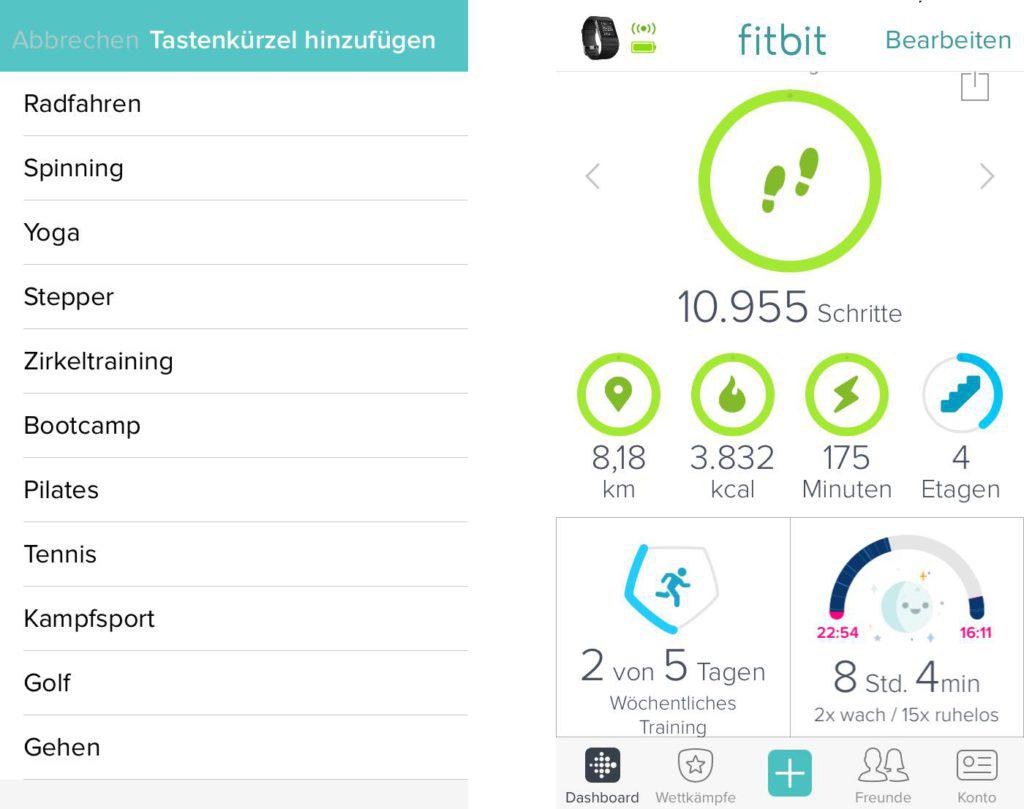 Fitbit Surge App Sportarten und Aufzeichnung Aktivitäten