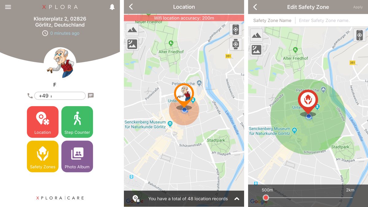 XPLORA Care App Startseite, Karte und Sicherheitsbereich XPLORA Care App Startseite, Karte und Sicherheitsbereich