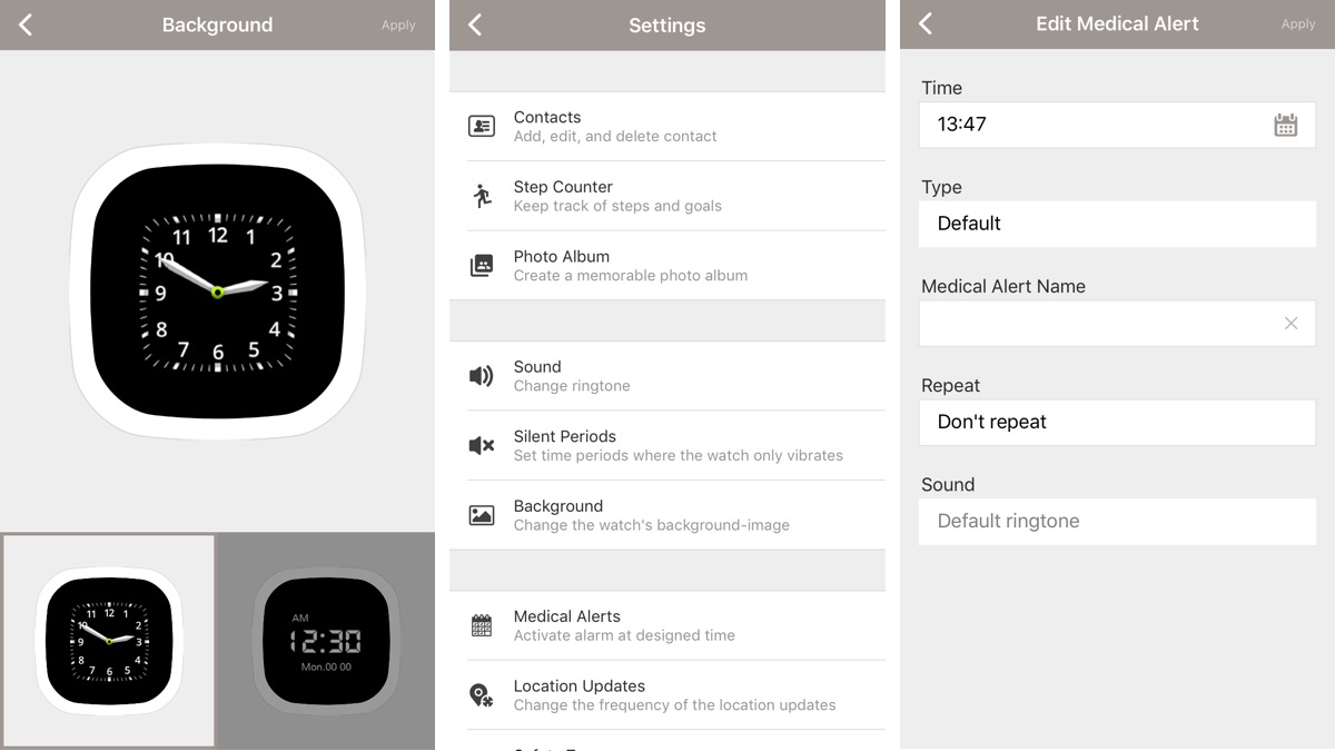 XPLORA Care App Zifferblatt, Einstellungen, Medikamenteneinnahme XPLORA Care App Zifferblatt, Einstellungen, Medikamenteneinnahme